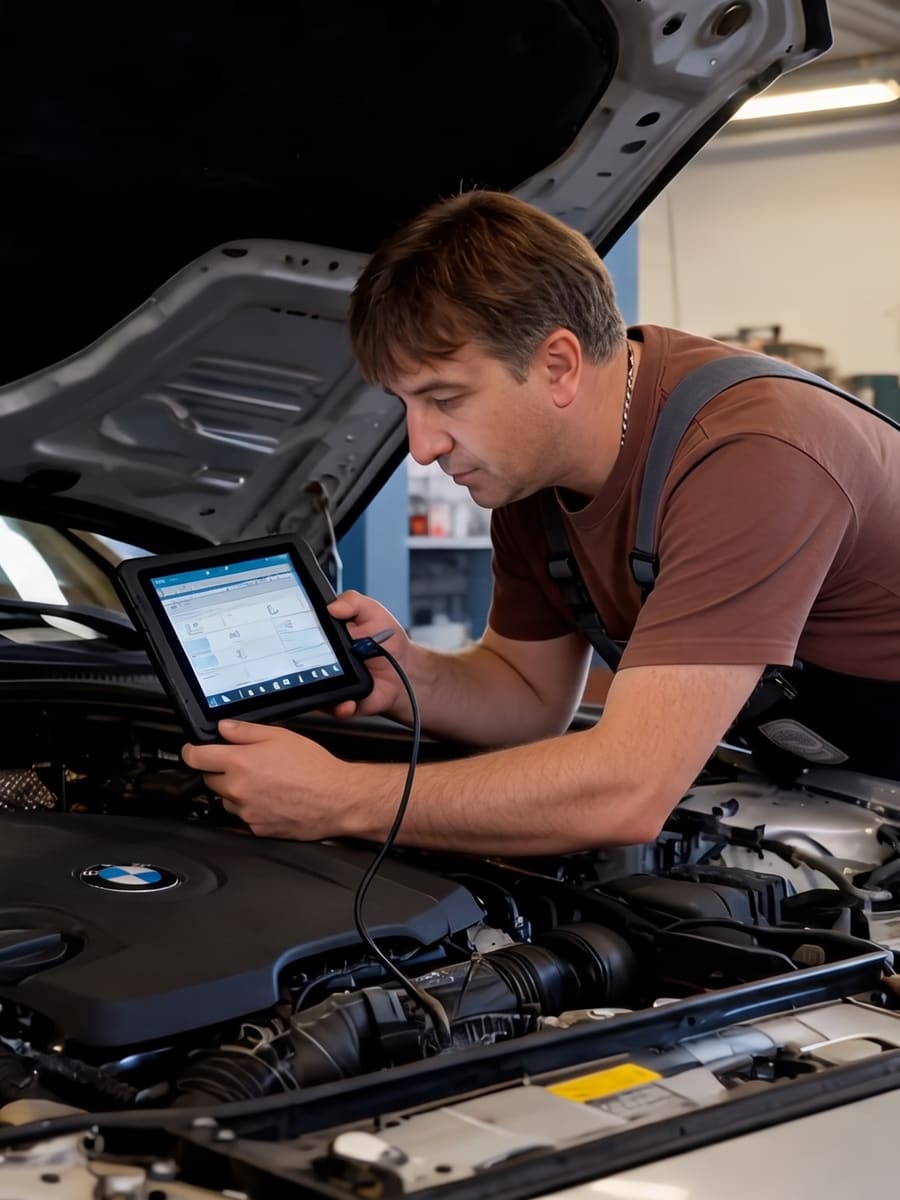 Kfz-Meister liest mit dem Diagnose-Tablet den Fehlerspeicher am geöffneten Motorraum aus