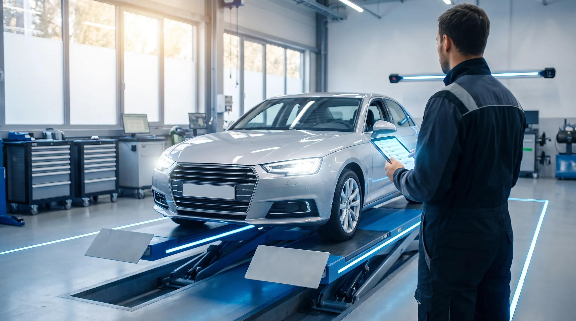 Fahrzeug in der Prüfbucht für Hauptuntersuchung und Abgasuntersuchung